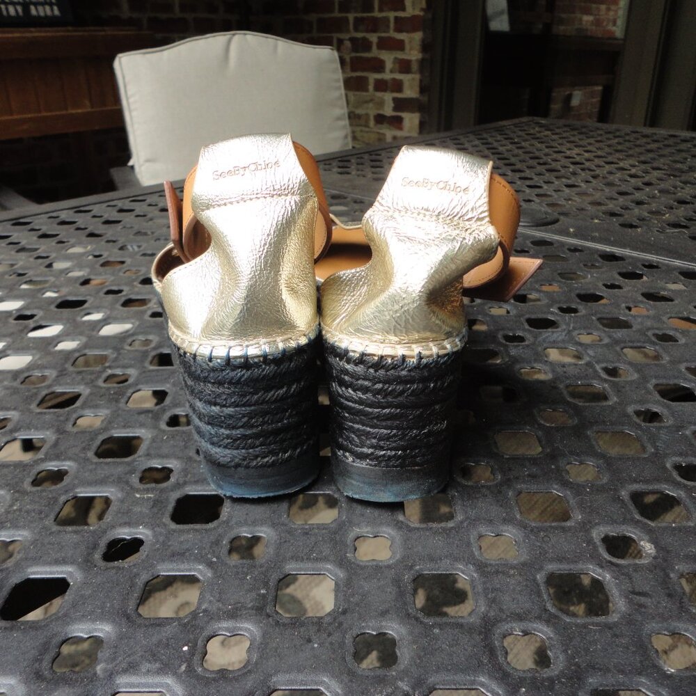 SEE BY CHLOE Women's Gold and Black Gladiator Chunky Heel Sandals Size 40 (9.5) - Picture 9 of 9